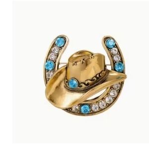Cowboy Hat and Horseshoe Brooch with Blue Accents